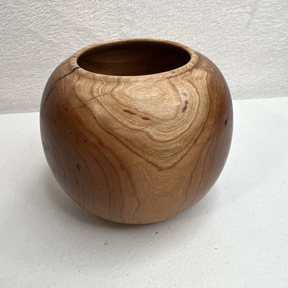 Wooden Mid Century Modern Hand Carved‎ Round Hollow Form Wood Vase Crown Sign